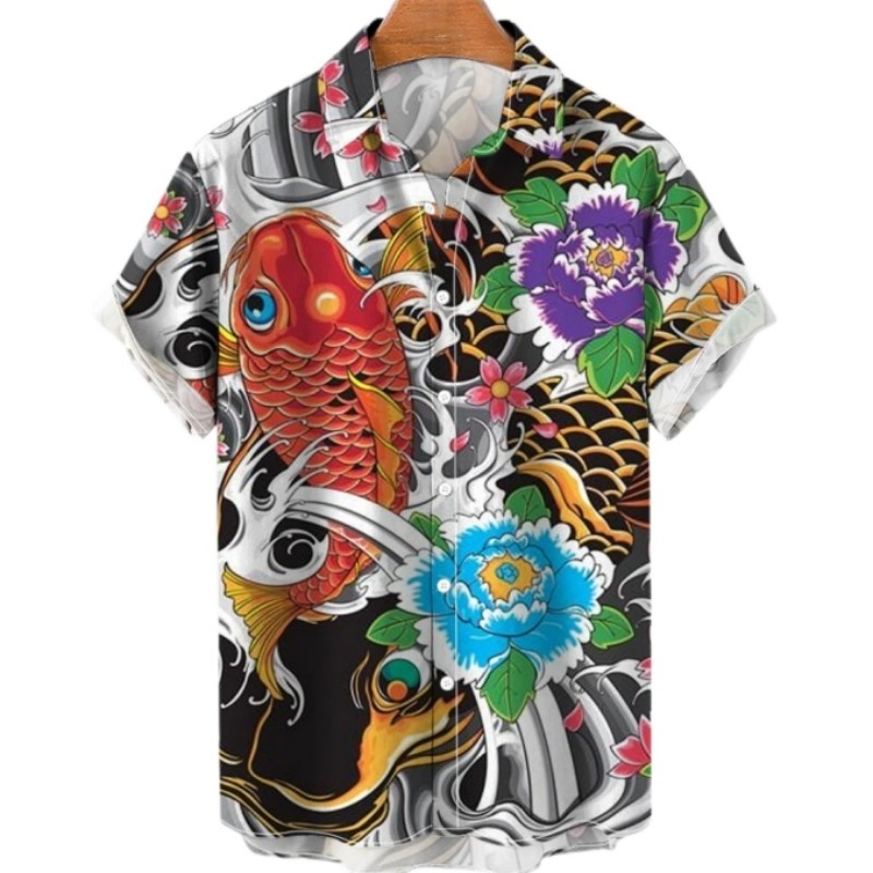 Vintage Hawaiian Floral Shirt - الصيف الأزهار كوي الأسماك قميص هاواي
