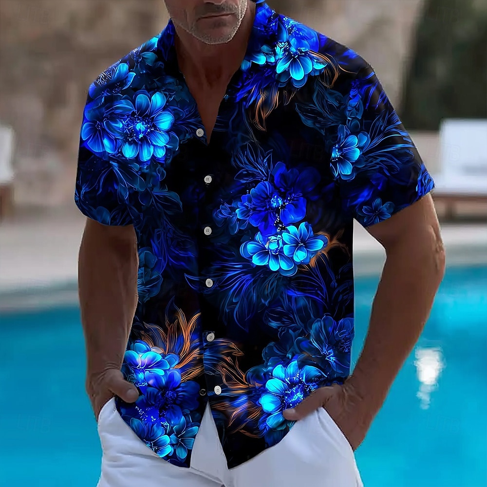Vintage Hawaiian Floral Shirt - الرجال الأزهار طباعة النيون توهج الزهور