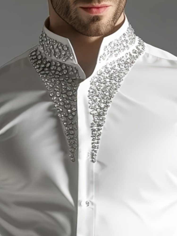 Mandarin Collar Formal Shirt Slim Fit - قميص فاخر مرصع بالأحجار الكريمة للرجال،
