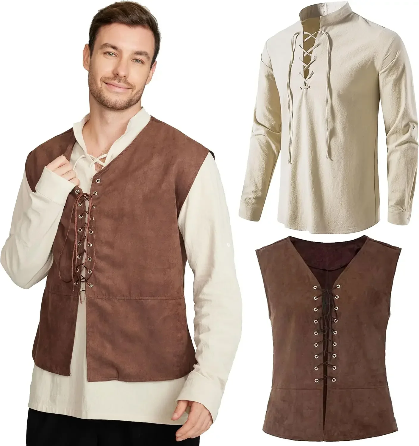 Medieval Gothic Lace Up Pirate Shirt - طقم من قطعتين: سترة قرصان عصرية