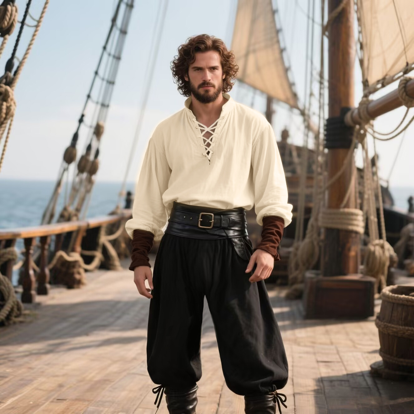 Medieval Gothic Lace Up Pirate Shirt - زي قرصان للهالوين للرجال، قميص من