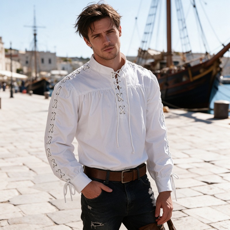 قميص رجالي بتصميم القراصنة من  - مراجعة Medieval Gothic Lace Up Pirate Shirt وسعره