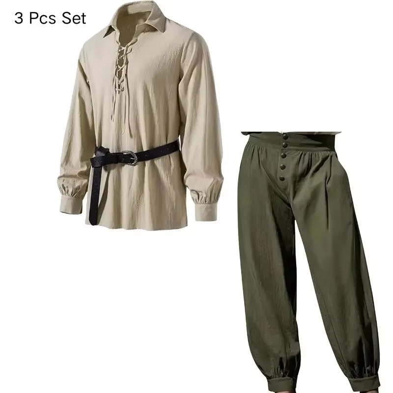 طقم رجالي من ثلاث قطع مستوحى م - مراجعة Medieval Gothic Lace Up Pirate Shirt وسعره